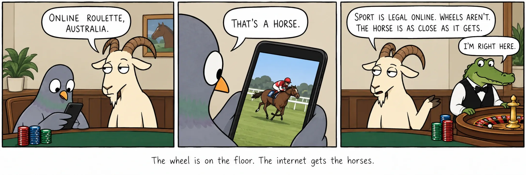 A roda fica no salão. A internet fica com os cavalos.