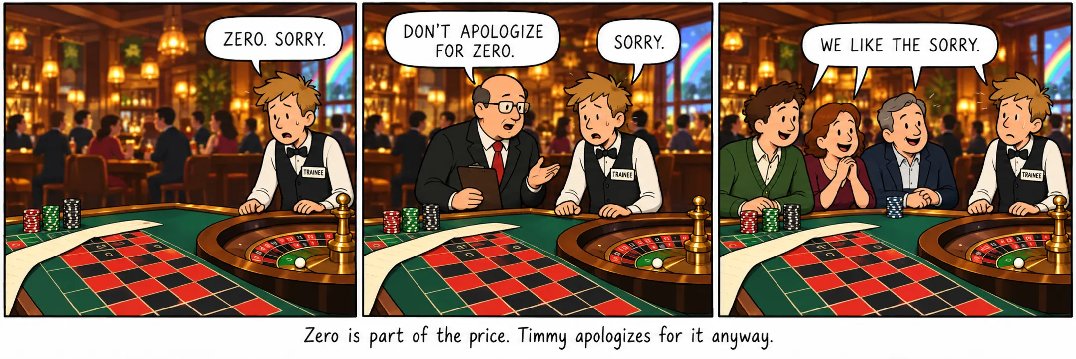 O zero faz parte do preço. Mesmo assim, Timmy pede desculpas por ele.