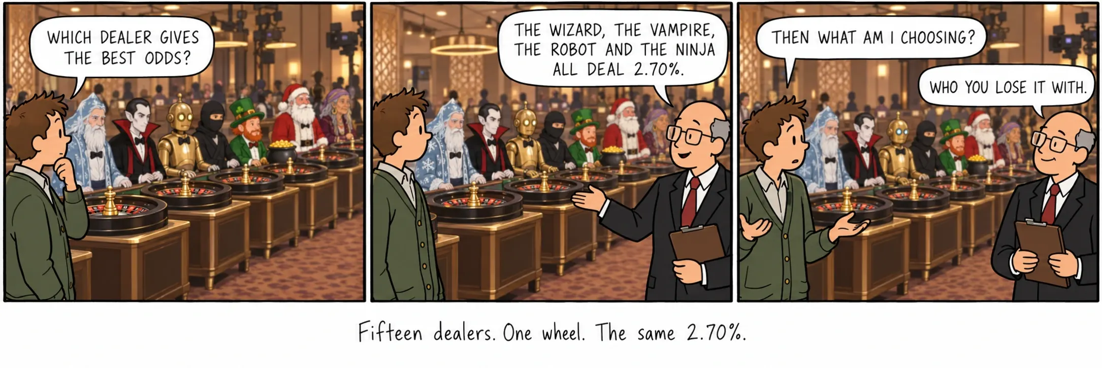 Quinze dealers. Uma roda. Os mesmos 2,70%.