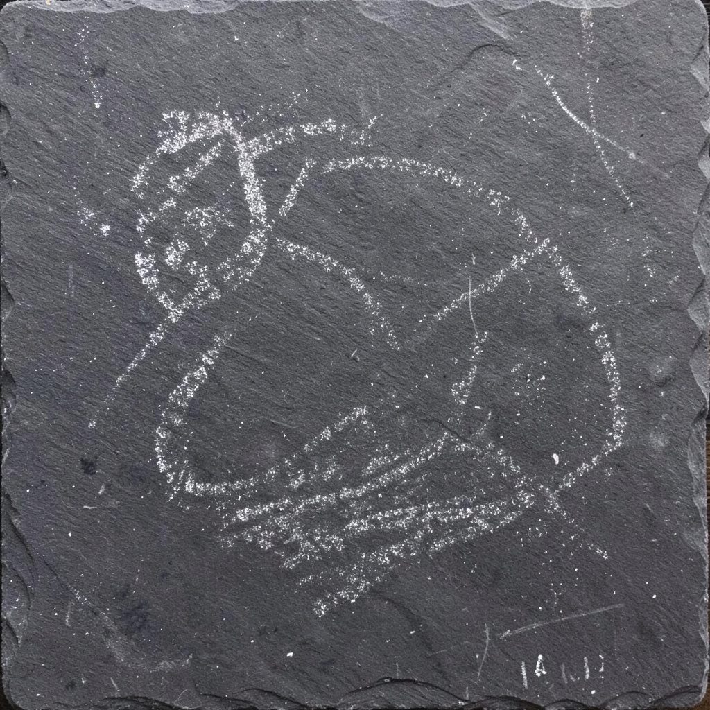 Desenho de giz em quadro-negro formando um brasão simples com traços em branco, lima e magenta sobre fundo escuro