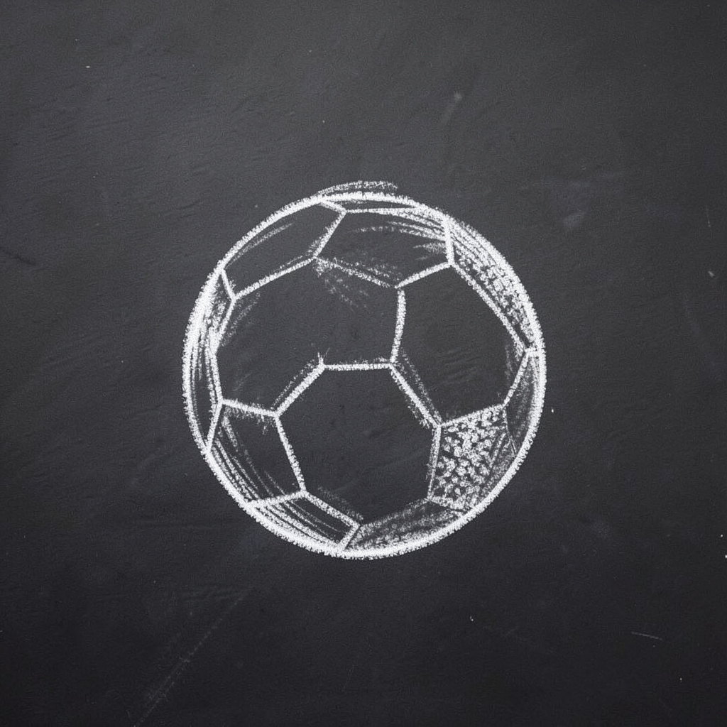 Desenho a giz em uma lousa escura de ardósia: o contorno de um galo de futebol estilizado sobre uma bola, com traços brancos e levemente esfumados, evocando o espírito clássico do clube