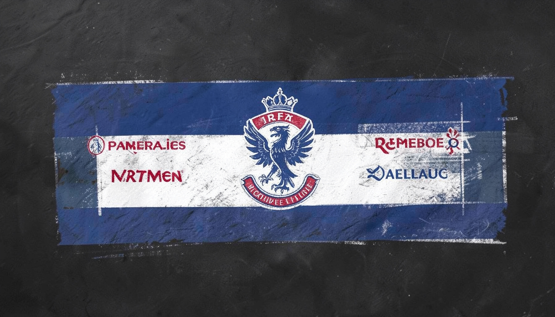 Bandeira azul-marinho e branca com o galo do Tottenham ao centro, ladeada por logotipos de parceiros em tons de vermelho, branco e azul, sobre um fundo escuro com reflexos sutis.