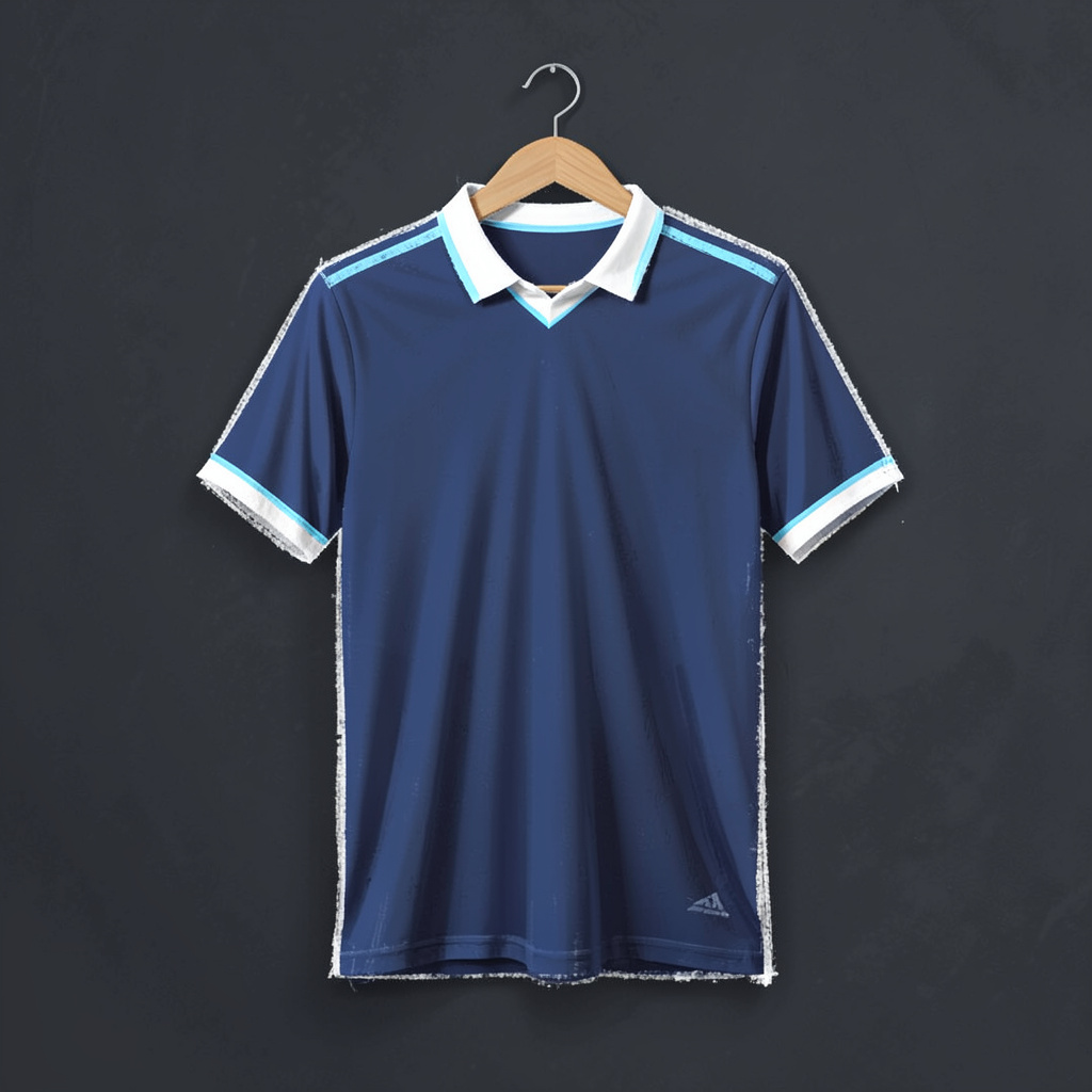 Camisa de futebol azul-marinho com gola branca e detalhes em azul claro, pendurada contra um fundo escuro discreto