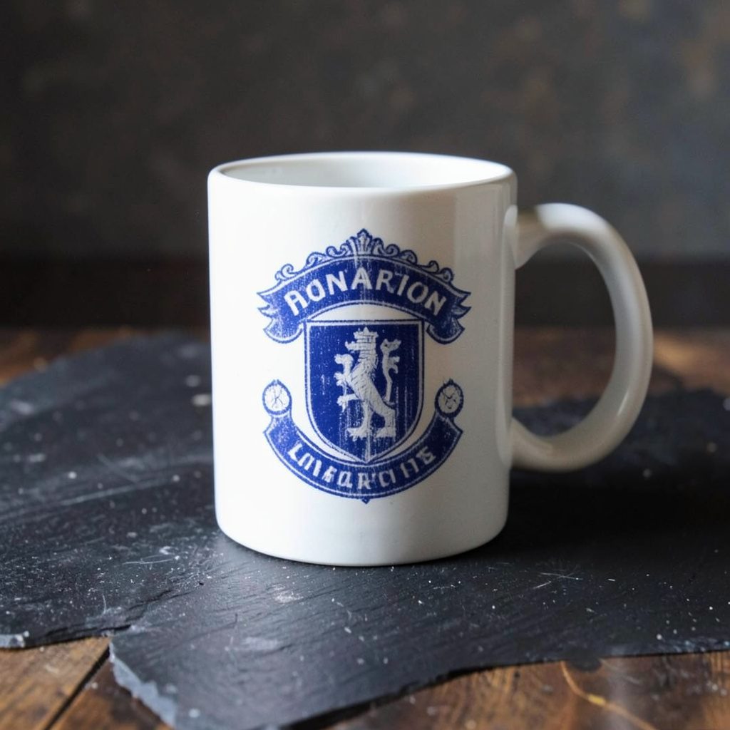 Caneca branca com o escudo do Tottenham estampado em azul, sobre uma mesa de madeira escura