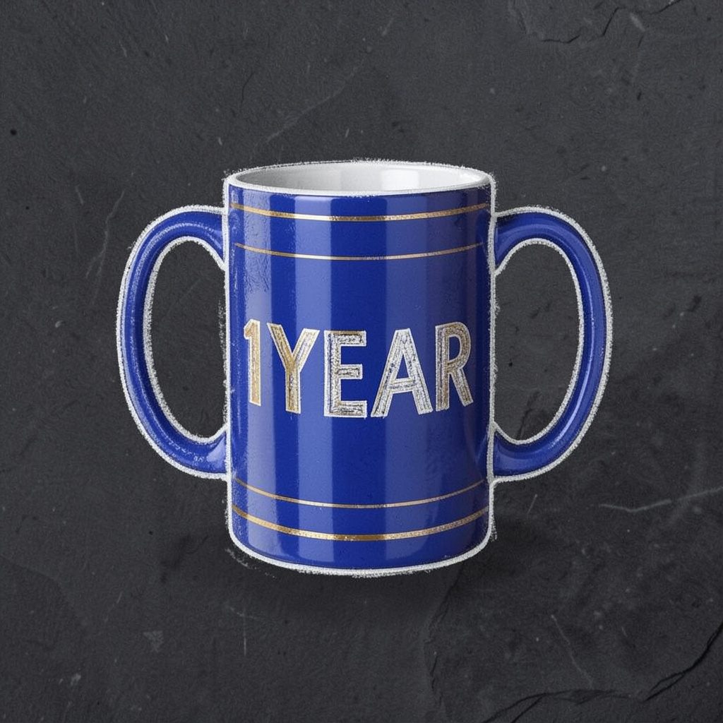 Caneca comemorativa de um ano da torcida, em tom azul royal com detalhes prateados e a inscrição 1YEAR